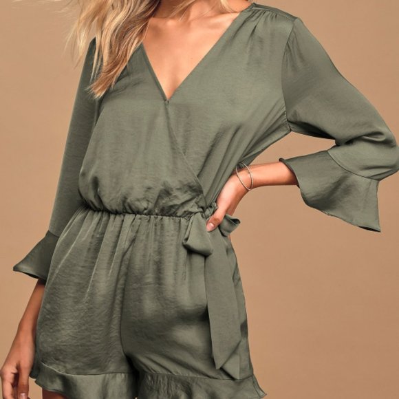 Olive Green Side Tie Ruffle Romper - Picture 2 of 7